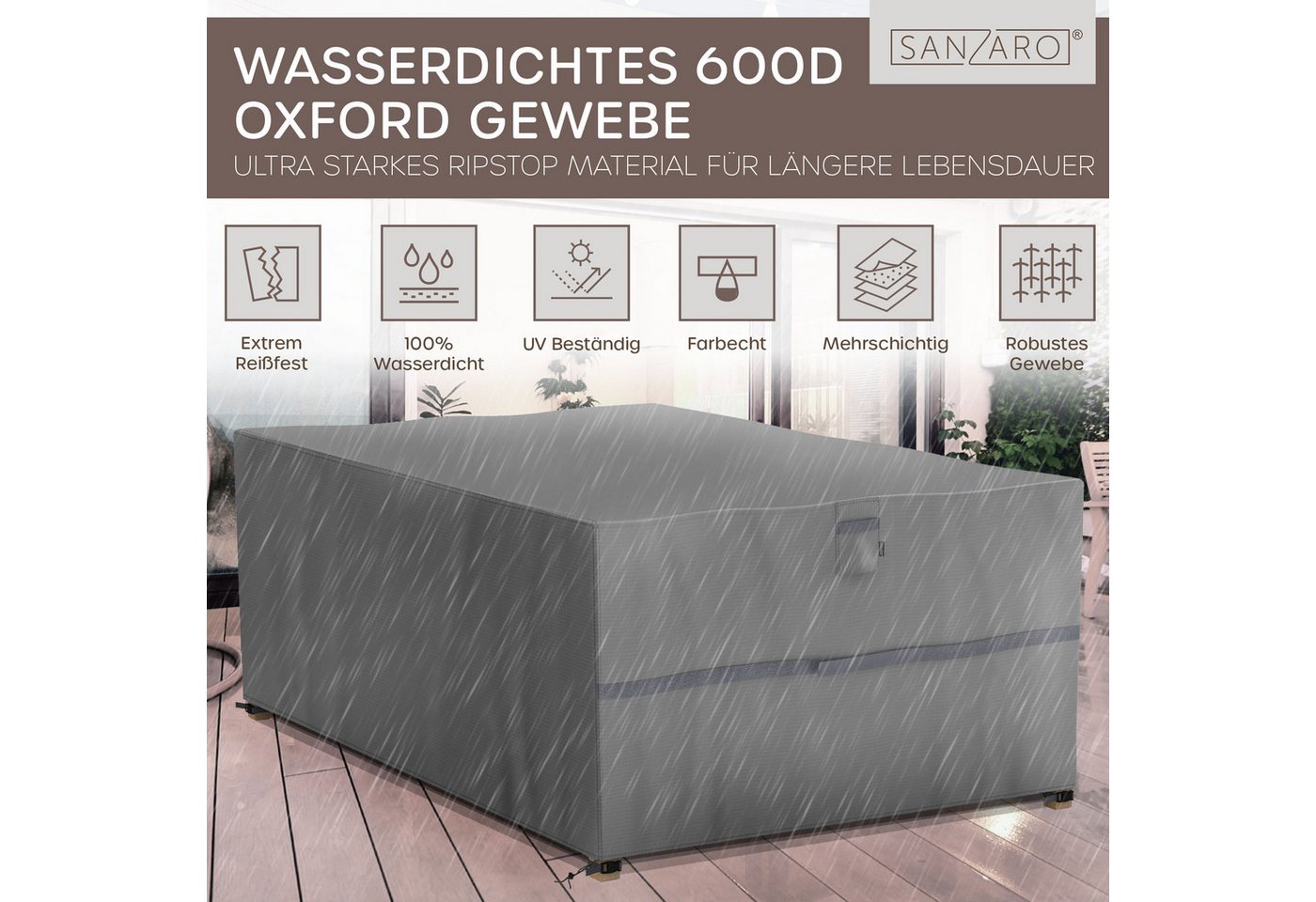 Sanzaro Gartenmöbel-Schutzhülle, 600D Oxford Gewebe, RipStop-Technologie, UV-Beständig, 135x135x70cm – Bild 2 von 5
