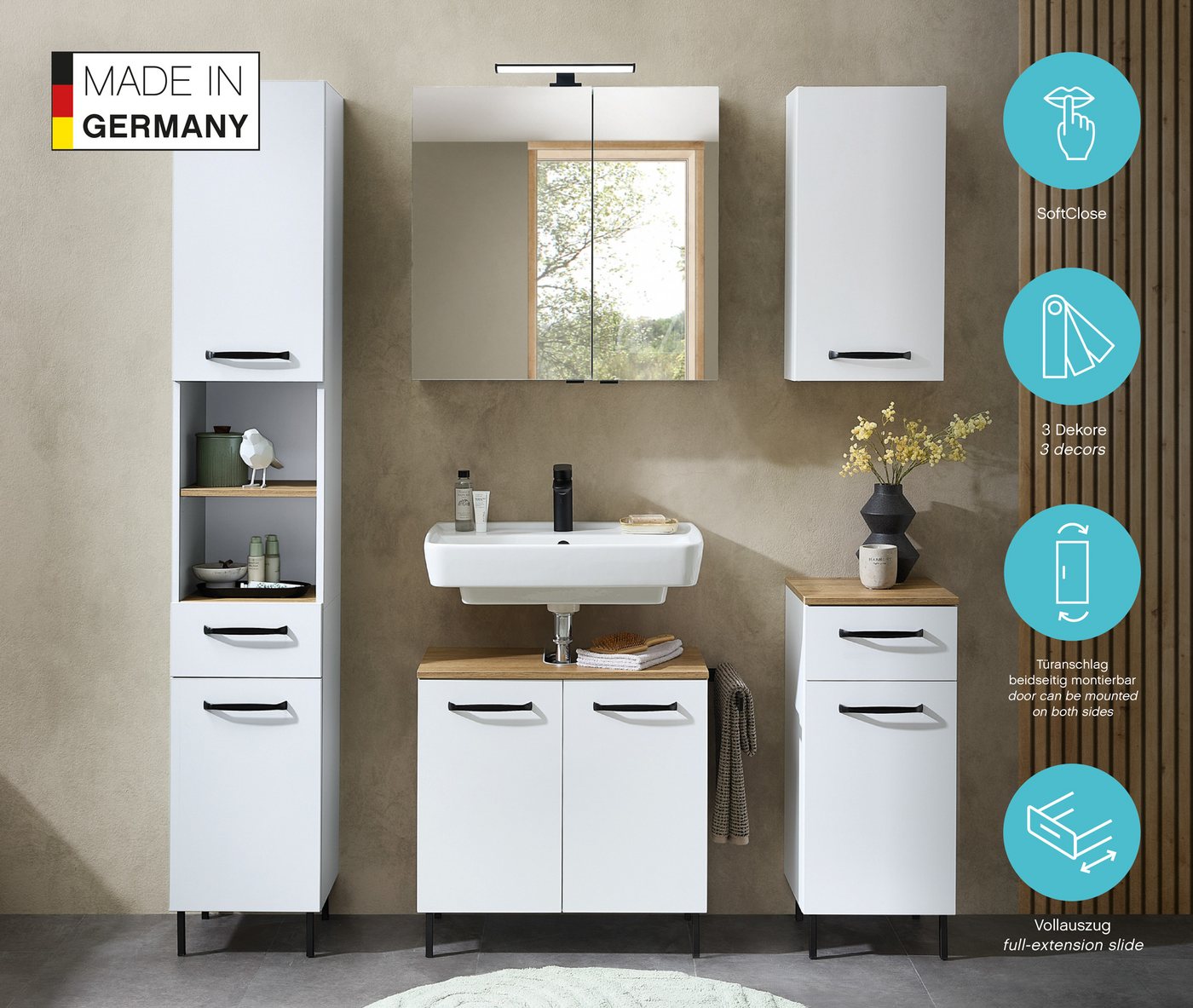 Saphir Badezimmerspiegelschrank Quickset 500, 2 Türen, 67cm breit, LED-Aufsatzleuchte inkl. Schalter und Steckdose – Bild 3 von 5