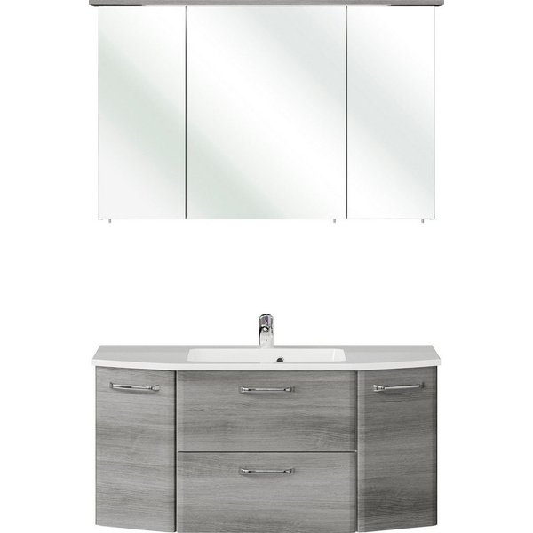 Saphir Badmöbel-Set Quickset 2-teilig, Mineralmarmor-Waschtisch mit LED-Spiegelschrank, (2-St), Badezimmer Set inkl. Türdämpfer, 5 Türen, 1 Klappe, 1 Schublade