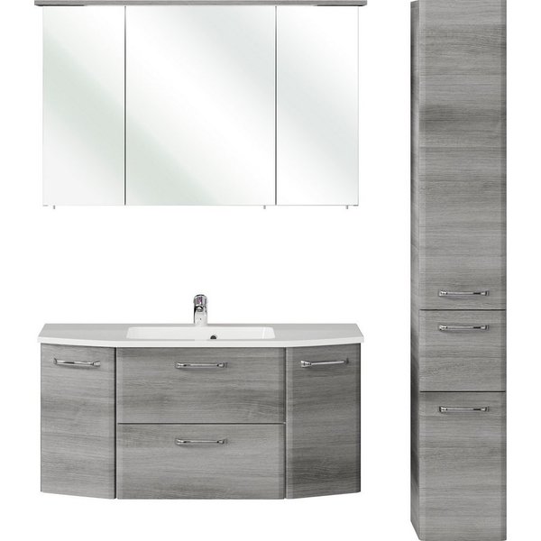 Saphir Badmöbel-Set Quickset 3-teilig, Mineralmarmor-Waschtisch und LED-Spiegelschrank, (4-St), mit Hochschrank, inkl. Türdämpfer, 7 Türen, 1 Klappe, 2 Schublad