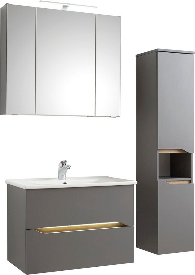 Saphir Badmöbel-Set Quickset 3-teilig, Keramik-Waschtisch und LED-Spiegelschrank, (5-St), mit Midischrank, 2 Türen, 1 Nische, 2 Schubladen, inkl. Türdämpfer – Bild 3 von 5