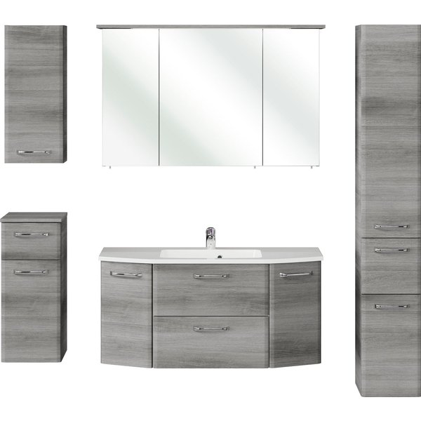 Saphir Badmöbel-Set Quickset 5-teilig, Mineralmarmor-Waschtisch und LED-Spiegelschrank, (6-St), Hochschrank, Unterschrank, Hängeschrank, inkl. Türdämpfer