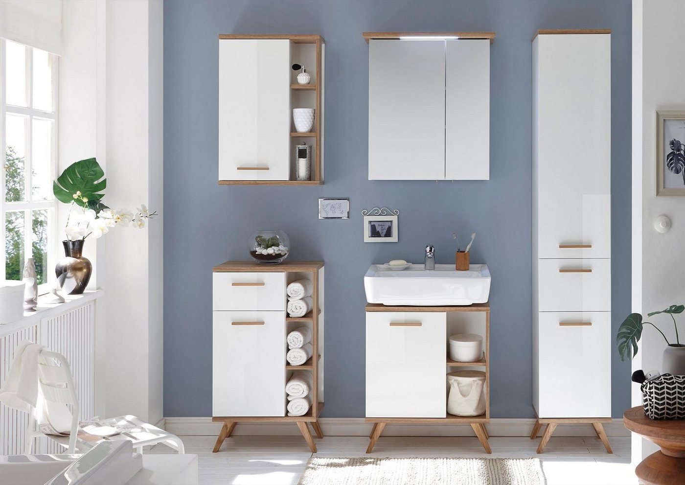 Saphir Hängeschrank Quickset Badschrank 50,5 cm breit mit 1 Tür und 2 Glas-Einlegeböden Badezimmer-Hängeschrank inkl. Türdämpfer, Holzgriffe – Bild 2 von 5