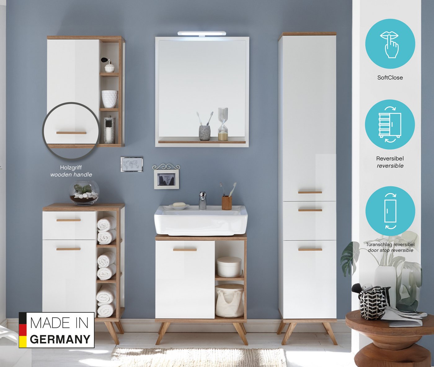 Saphir Hängeschrank Quickset Badschrank 50,5 cm breit mit 1 Tür und 2 Glas-Einlegeböden Badezimmer-Hängeschrank inkl. Türdämpfer, Holzgriffe – Bild 3 von 5