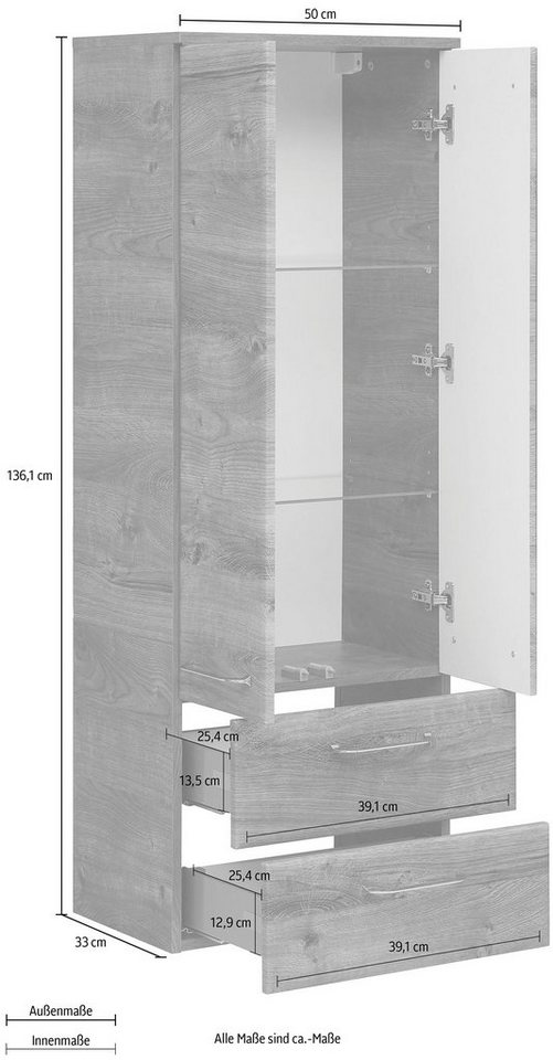 Saphir Midischrank Quickset Badschrank 50 cm breit, 2 Türen, 2 Schubladen, 2 Einlegeböden Badezimmer-Midischrank inkl. Türdämpfer, Griffe in Chrom glänzend – Bild 3 von 4
