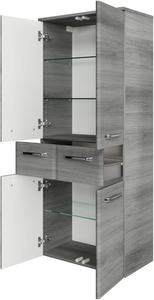 Saphir Midischrank Quickset Badschrank 60 cm breit, 141 cm hoch mit 4 Türen Badezimmer-Midischrank inkl. Türdämpfer, Griffe in Chrom glänzend – Bild 3 von 5