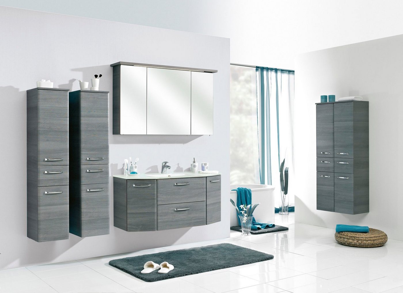 Saphir Midischrank Quickset Badschrank 60 cm breit, 141 cm hoch mit 4 Türen Badezimmer-Midischrank inkl. Türdämpfer, Griffe in Chrom glänzend – Bild 4 von 5