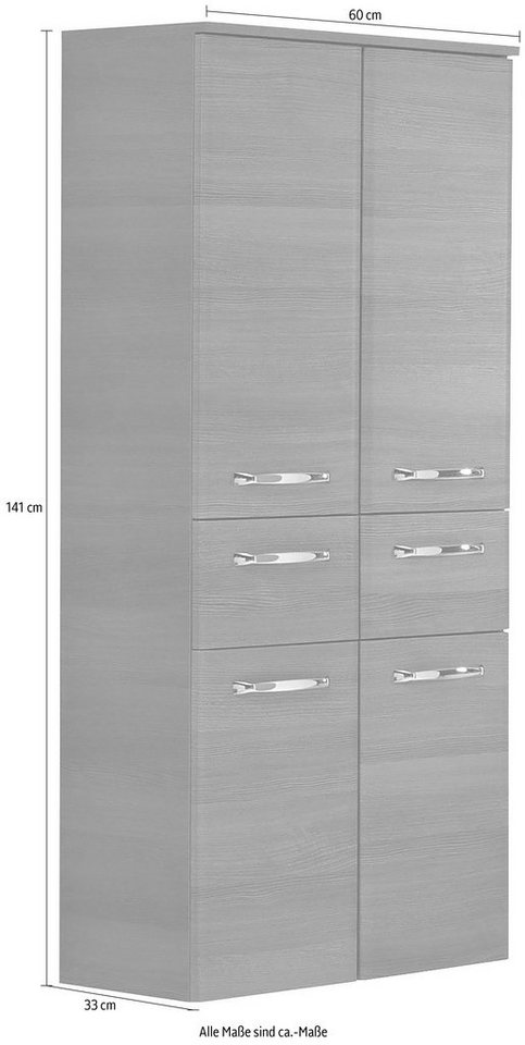 Saphir Midischrank Quickset Badschrank 60 cm breit, 141 cm hoch mit 4 Türen Badezimmer-Midischrank inkl. Türdämpfer, Griffe in Chrom glänzend – Bild 5 von 5