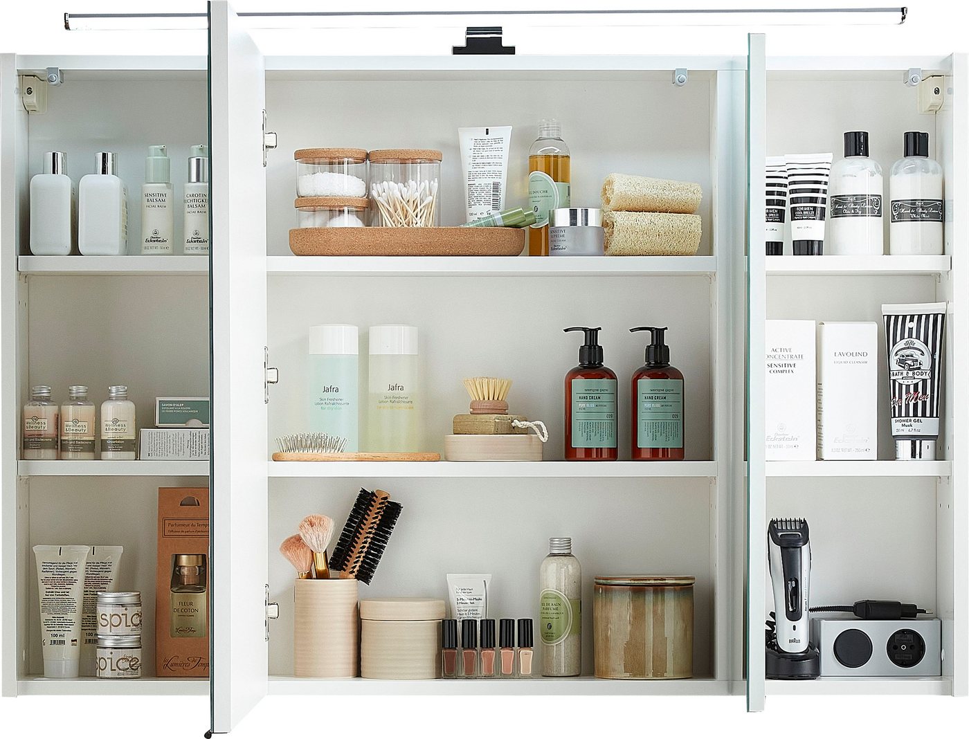 Saphir Spiegelschrank Quickset Badschrank, 3 Spiegeltüren, 6 Einlegeböden, 105 cm breit inkl. LED-Beleuchtung, Türdämpfer, Schalter-/Steckdosenkombination – Bild 2 von 5