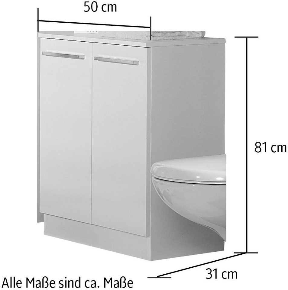 Saphir Unterschrank Quickset 335 Badschrank, 2 Türen, 1 Einlegeboden, 50 cm breit Badezimmer-Unterschrank, Weiß Glanz, Griffe in Chrom Glanz – Bild 5 von 5