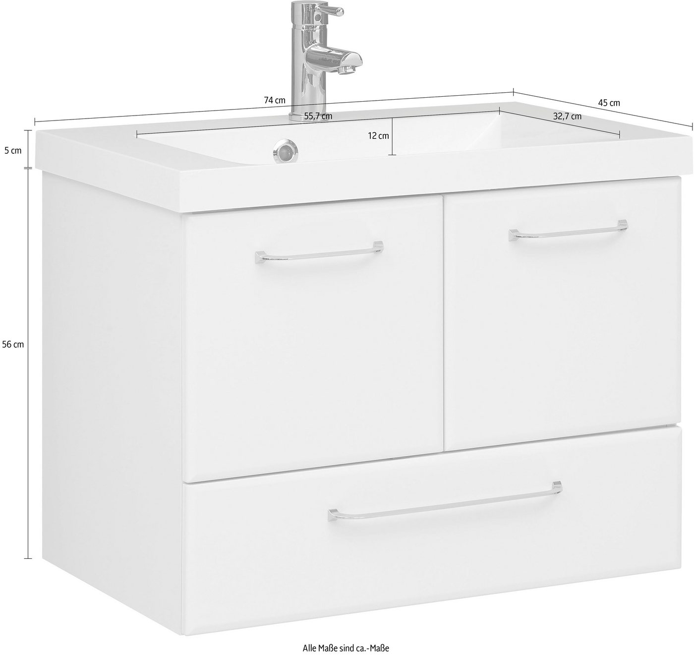 Saphir Waschtisch Quickset Mineralmarmor-Waschtisch mit Unterschrank, 74 cm breit, Wachplatz, Griffe Chrom Glanz, inkl. Türdämpfer, 2 Türen, 1 Schublade – Bild 4 von 5