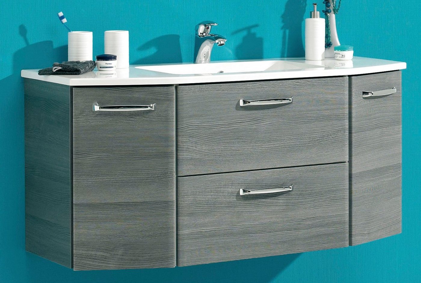Saphir Waschtisch Quickset Waschplatz, Mineralmarmor-Waschtisch, 112 cm breit, 2 Türen, Unterschrank mit Waschbecken, inkl. Türdämpfer, Griffe Chrom Glanz – Bild 2 von 5