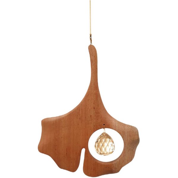 Saraswati Hängedekoration Kristallobjekt "Gingko" 11x15cm Holz natur mit 20mm Kristallkugel