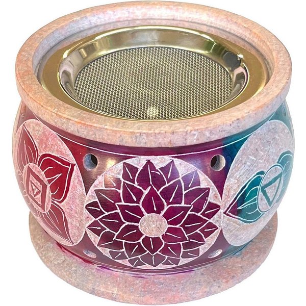 Saraswati Räucherstäbchen-Halter Räuchergefäß "7 Chakren" Speckstein graviert mit Edelstahlsieb, bunt Ø