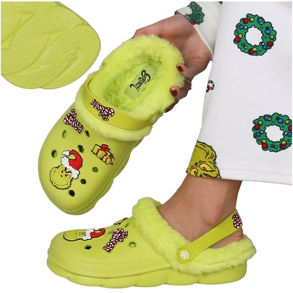 Sarcia.eu Grinch Kinderclogs, ISOLIERTE Weihnachtsclogs mit Fell für Kinder Hausstiefel