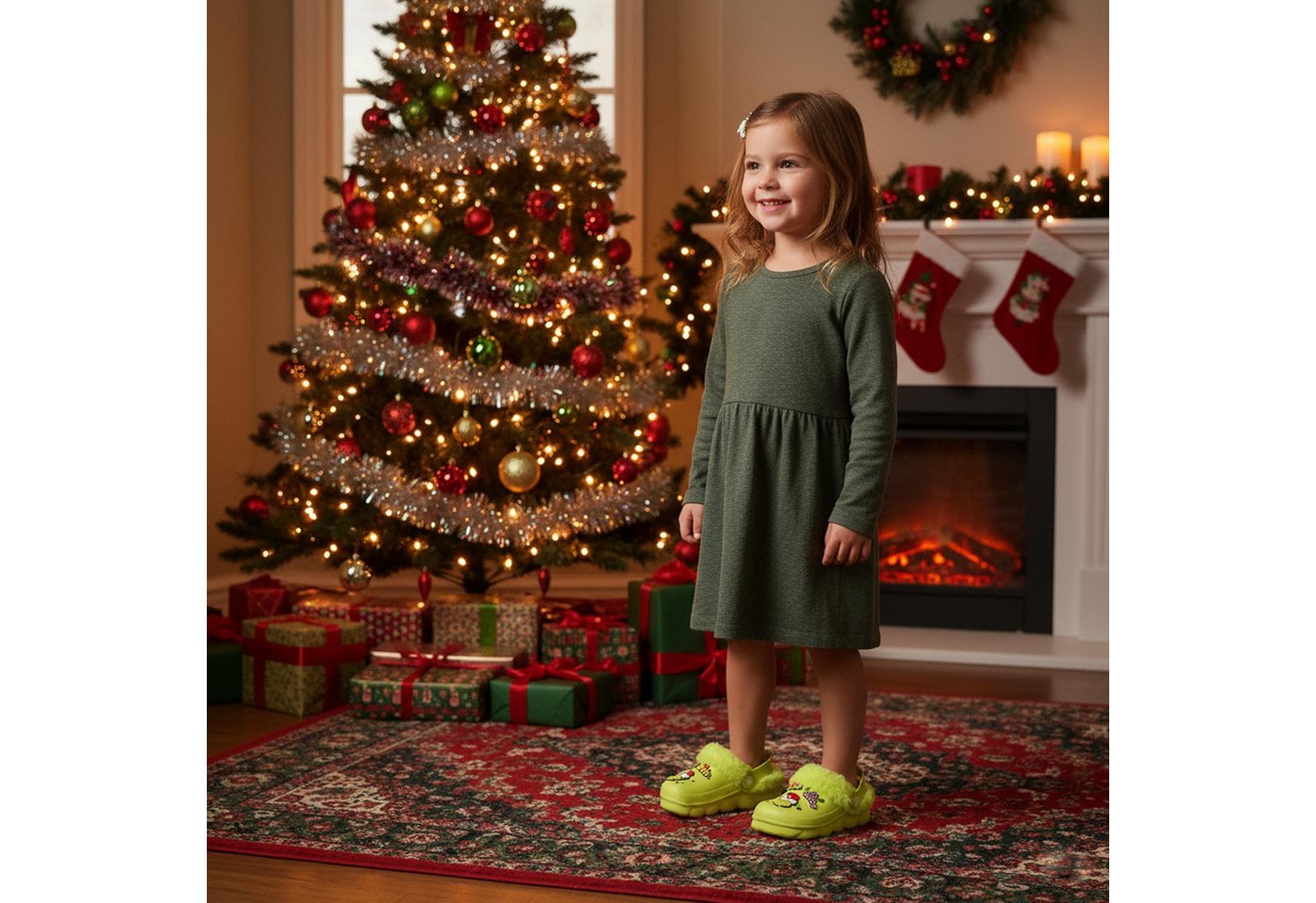 Sarcia.eu Grinch Kinderclogs, ISOLIERTE Weihnachtsclogs mit Fell für Kinder Hausstiefel – Bild 5 von 5
