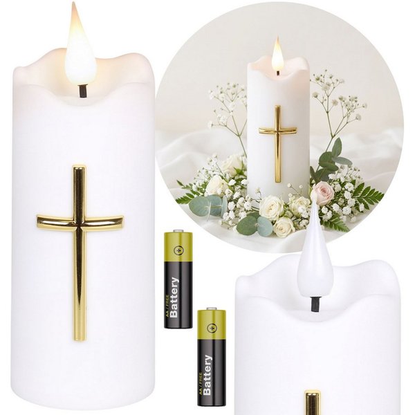 Sarcia.eu LED-Kerze Weiße LED-Kerze mit Kreuz, Flammeneffekt und Batterien, 13 cm