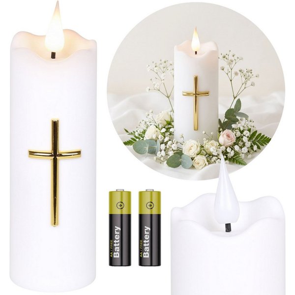 Sarcia.eu LED-Kerze Weiße LED-Kerze mit Kreuz, Flammeneffekt, batteriebetrieben, 15,5 cm