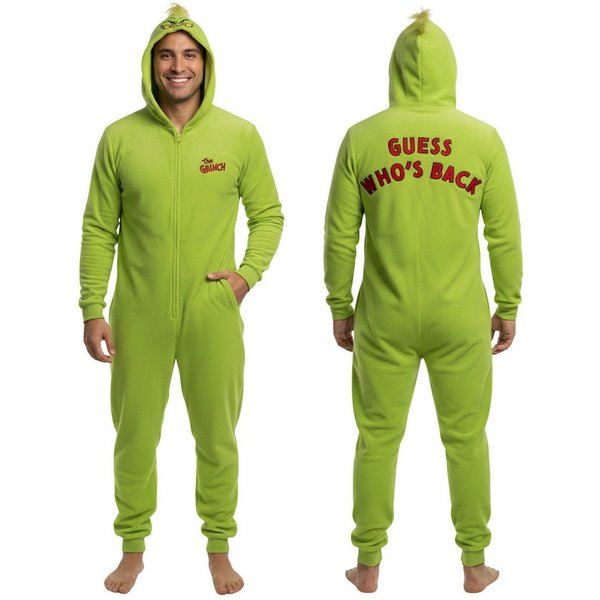 Sarcia.eu Pyjama Grinch Fleece-Einteiler für Herren mit Kapuze und Reißverschluss