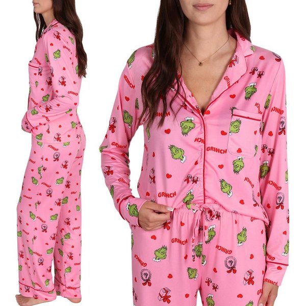 Sarcia.eu Schlafanzug Grinch Damenpyjama, aufknöpfbar, Langarm, weite Beine, Schlafanzug-Set