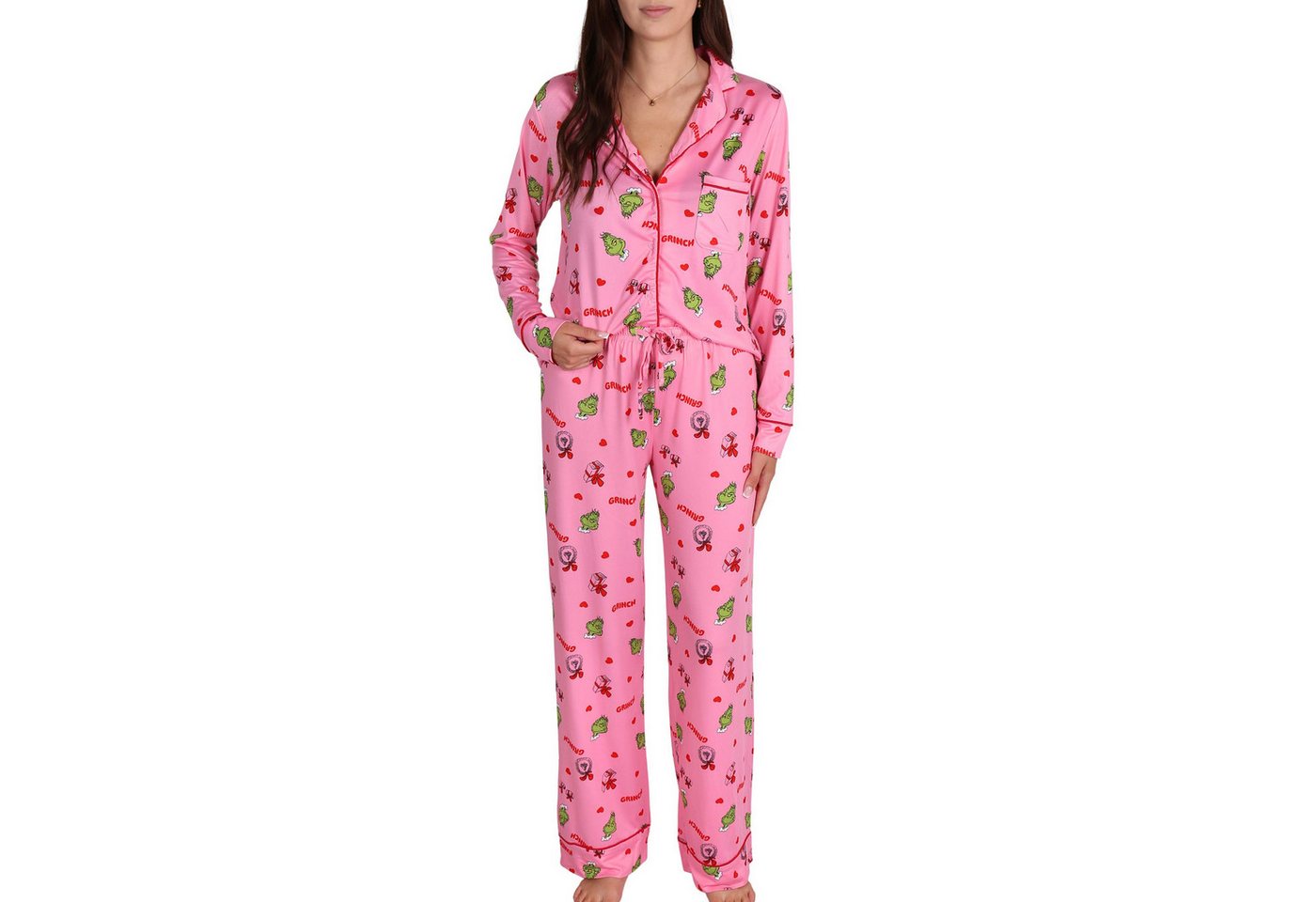 Sarcia.eu Schlafanzug Grinch Damenpyjama, aufknöpfbar, Langarm, weite Beine, Schlafanzug-Set – Bild 2 von 5