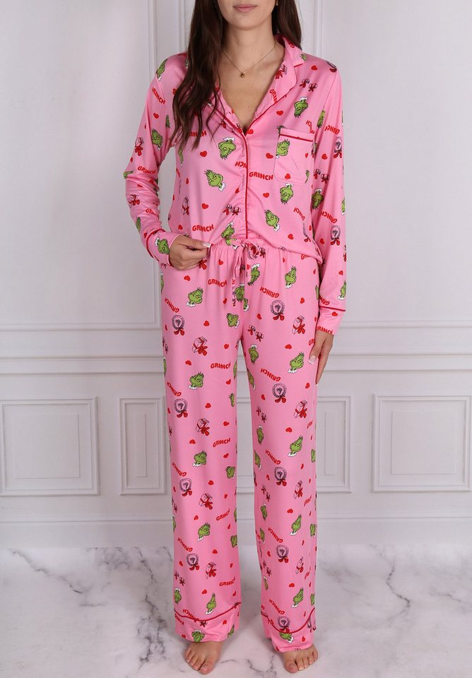Sarcia.eu Schlafanzug Grinch Damenpyjama, aufknöpfbar, Langarm, weite Beine, Schlafanzug-Set – Bild 5 von 5