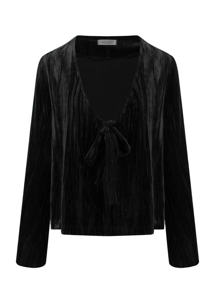 SASSYCLASSY Blusenjacke Moderne Damen Samtjacke mit Bindebändern Femininer Samt-Look Schleifenjacke Smaragdrgün Schwarz – Bild 2 von 5