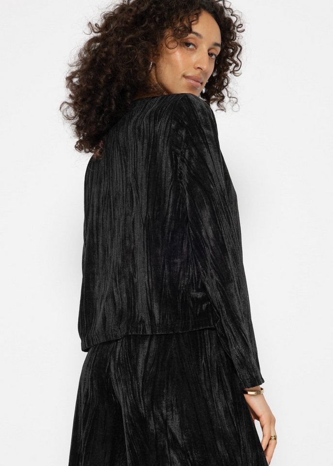 SASSYCLASSY Blusenjacke Moderne Damen Samtjacke mit Bindebändern Femininer Samt-Look Schleifenjacke Smaragdrgün Schwarz – Bild 5 von 5