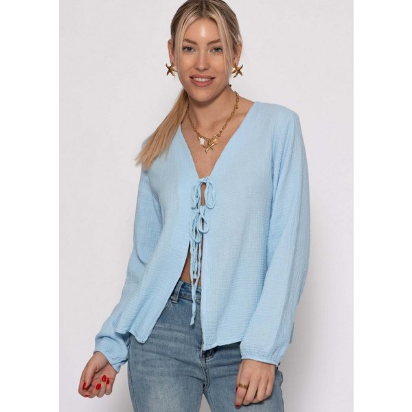 SASSYCLASSY Blusenjacke Musselin Blusenjacke mit Bindebänder Damen Leichte Baumwollbluse mit V-Ausschnitt und leichten Ballonärmeln