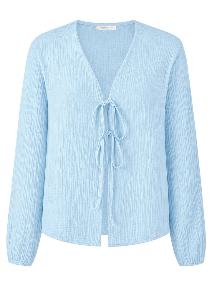 SASSYCLASSY Blusenjacke Musselin Blusenjacke mit Bindebänder Damen Leichte Baumwollbluse mit V-Ausschnitt und leichten Ballonärmeln – Bild 2 von 5