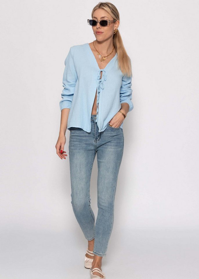 SASSYCLASSY Blusenjacke Musselin Blusenjacke mit Bindebänder Damen Leichte Baumwollbluse mit V-Ausschnitt und leichten Ballonärmeln – Bild 3 von 5