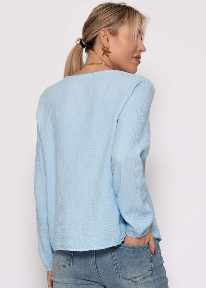SASSYCLASSY Blusenjacke Musselin Blusenjacke mit Bindebänder Damen Leichte Baumwollbluse mit V-Ausschnitt und leichten Ballonärmeln – Bild 5 von 5