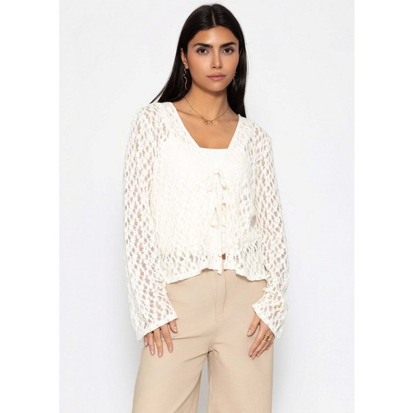 SASSYCLASSY Blusenjacke Spitzen Blusenjacke mit Bindebänder Damen Leichtes Jäckchen mit tiefem V-Ausschnitt und ausgestellten Ärmeln