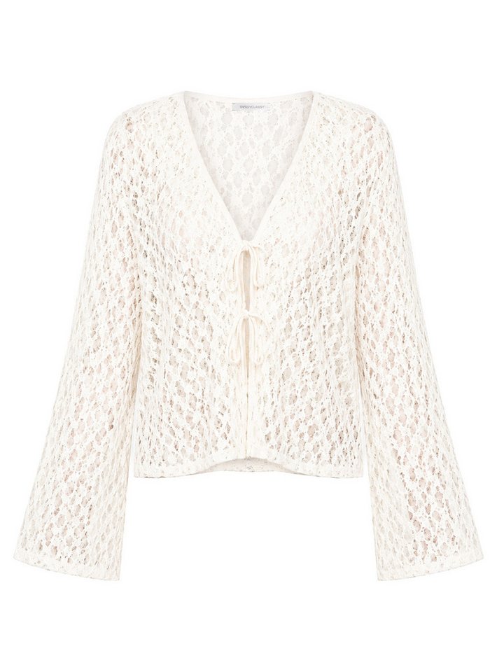 SASSYCLASSY Blusenjacke Spitzen Blusenjacke mit Bindebänder Damen Leichtes Jäckchen mit tiefem V-Ausschnitt und ausgestellten Ärmeln – Bild 2 von 5