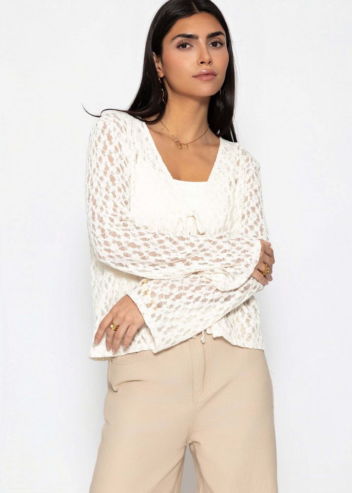 SASSYCLASSY Blusenjacke Spitzen Blusenjacke mit Bindebänder Damen Leichtes Jäckchen mit tiefem V-Ausschnitt und ausgestellten Ärmeln – Bild 4 von 5