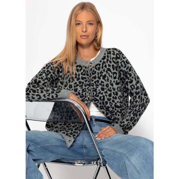 SASSYCLASSY Cardigan Oversize Strickjacke Damen mit Leo-Muster Cardigan mit Wollanteil mit Leopardenmuster Grau Schwarz Beige Braun