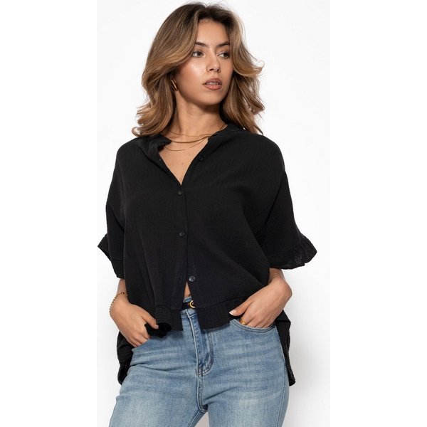 SASSYCLASSY Kurzarmbluse Oversize Musselin Hemdbluse Damen mit Rüschensaum Kurzärmelige Musselinbluse aus Baumwolle mit V-Ausschnitt