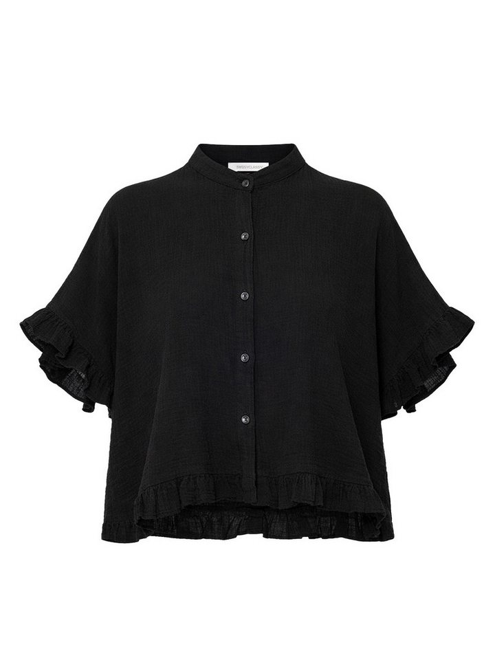 SASSYCLASSY Kurzarmbluse Oversize Musselin Hemdbluse Damen mit Rüschensaum Kurzärmelige Musselinbluse aus Baumwolle mit V-Ausschnitt – Bild 2 von 5