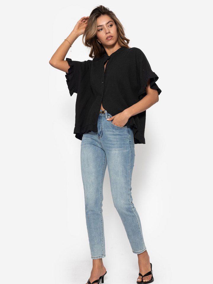 SASSYCLASSY Kurzarmbluse Oversize Musselin Hemdbluse Damen mit Rüschensaum Kurzärmelige Musselinbluse aus Baumwolle mit V-Ausschnitt – Bild 4 von 5