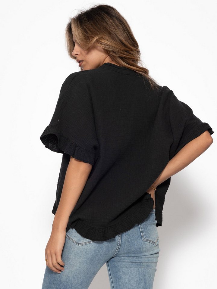 SASSYCLASSY Kurzarmbluse Oversize Musselin Hemdbluse Damen mit Rüschensaum Kurzärmelige Musselinbluse aus Baumwolle mit V-Ausschnitt – Bild 5 von 5