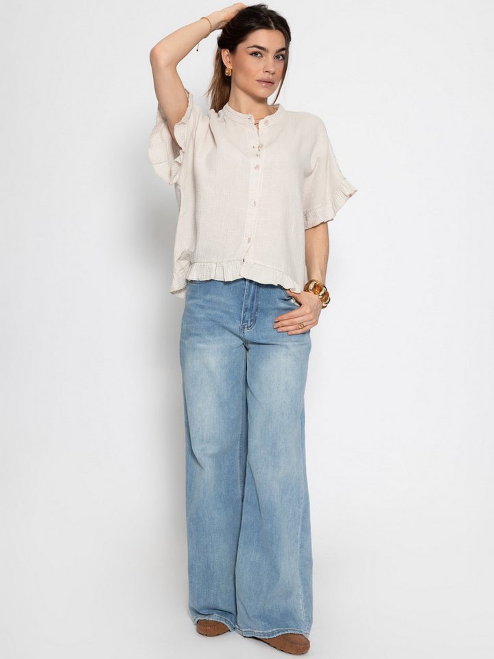 SASSYCLASSY Kurzarmbluse Oversize Musselin Hemdbluse Damen mit Rüschensaum Kurzärmelige Musselinbluse aus Baumwolle mit V-Ausschnitt – Bild 2 von 5