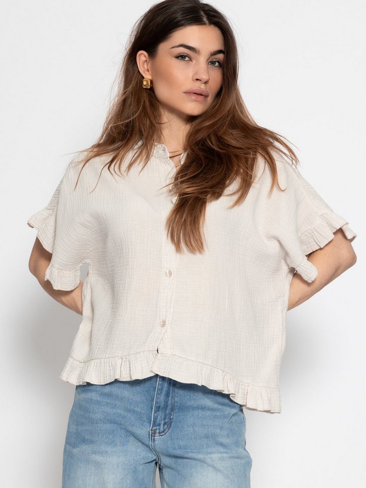 SASSYCLASSY Kurzarmbluse Oversize Musselin Hemdbluse Damen mit Rüschensaum Kurzärmelige Musselinbluse aus Baumwolle mit V-Ausschnitt – Bild 3 von 5