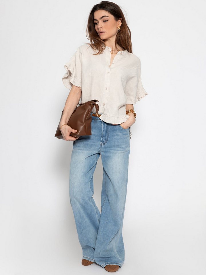 SASSYCLASSY Kurzarmbluse Oversize Musselin Hemdbluse Damen mit Rüschensaum Kurzärmelige Musselinbluse aus Baumwolle mit V-Ausschnitt – Bild 4 von 5