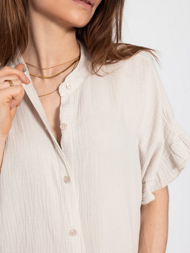 SASSYCLASSY Kurzarmbluse Oversize Musselin Hemdbluse Damen mit Rüschensaum Kurzärmelige Musselinbluse aus Baumwolle mit V-Ausschnitt – Bild 5 von 5