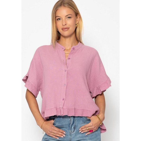 SASSYCLASSY Kurzarmbluse Oversize Musselin Hemdbluse Damen mit Rüschensaum Kurzärmelige Musselinbluse aus Baumwolle mit V-Ausschnitt