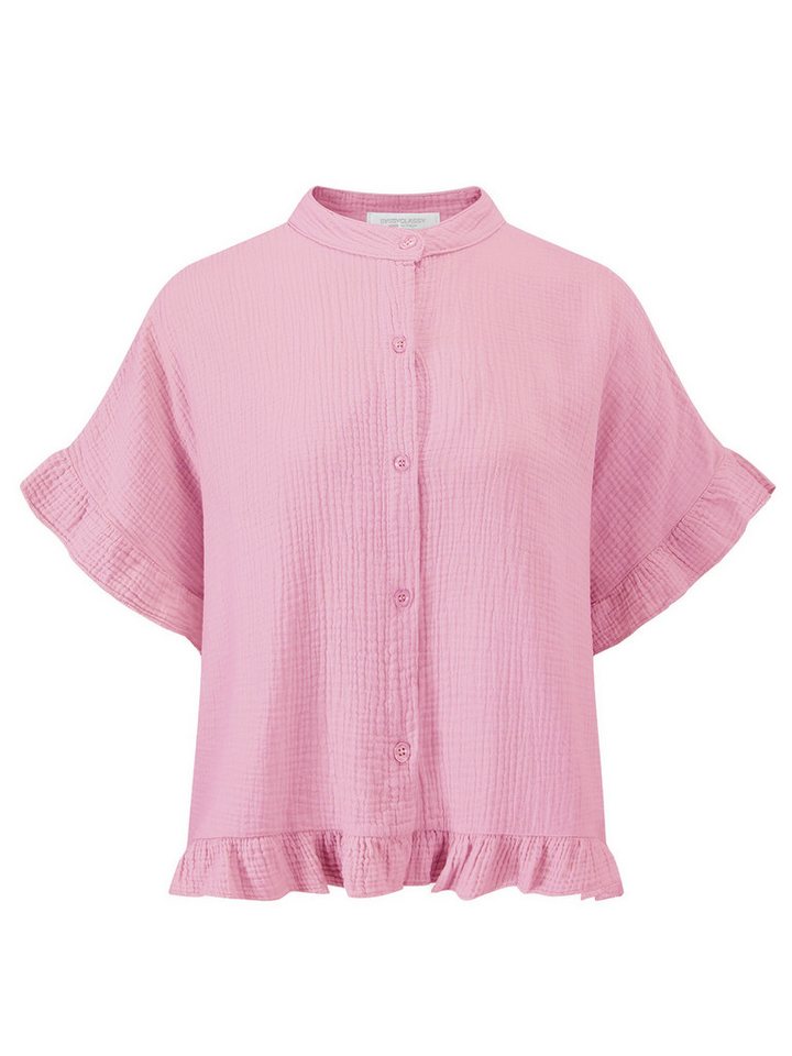 SASSYCLASSY Kurzarmbluse Oversize Musselin Hemdbluse Damen mit Rüschensaum Kurzärmelige Musselinbluse aus Baumwolle mit V-Ausschnitt – Bild 2 von 5