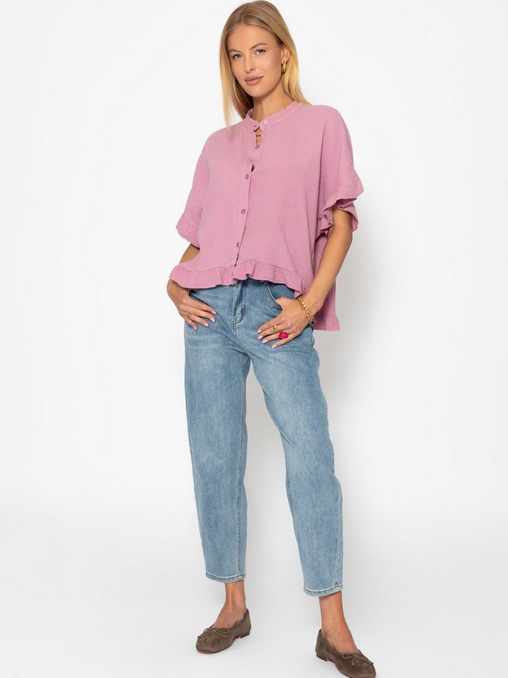 SASSYCLASSY Kurzarmbluse Oversize Musselin Hemdbluse Damen mit Rüschensaum Kurzärmelige Musselinbluse aus Baumwolle mit V-Ausschnitt – Bild 3 von 5