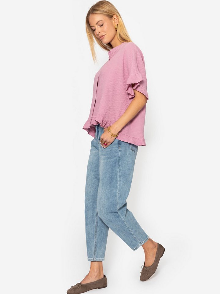 SASSYCLASSY Kurzarmbluse Oversize Musselin Hemdbluse Damen mit Rüschensaum Kurzärmelige Musselinbluse aus Baumwolle mit V-Ausschnitt – Bild 4 von 5