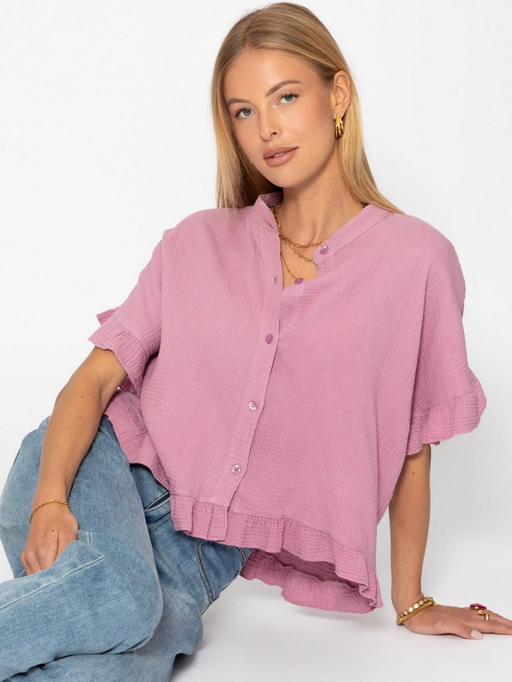 SASSYCLASSY Kurzarmbluse Oversize Musselin Hemdbluse Damen mit Rüschensaum Kurzärmelige Musselinbluse aus Baumwolle mit V-Ausschnitt – Bild 5 von 5