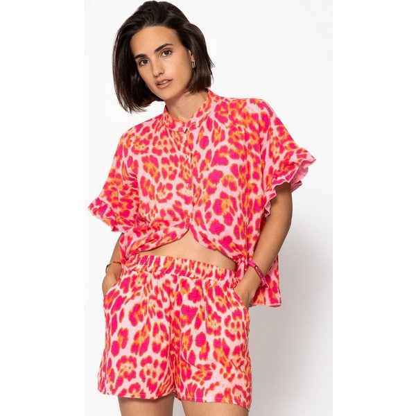 SASSYCLASSY Kurzarmbluse Oversize Musselin Hemdbluse Damen mit Rüschensaum Kurzärmelige Musselinbluse aus Baumwolle mit V-Ausschnitt